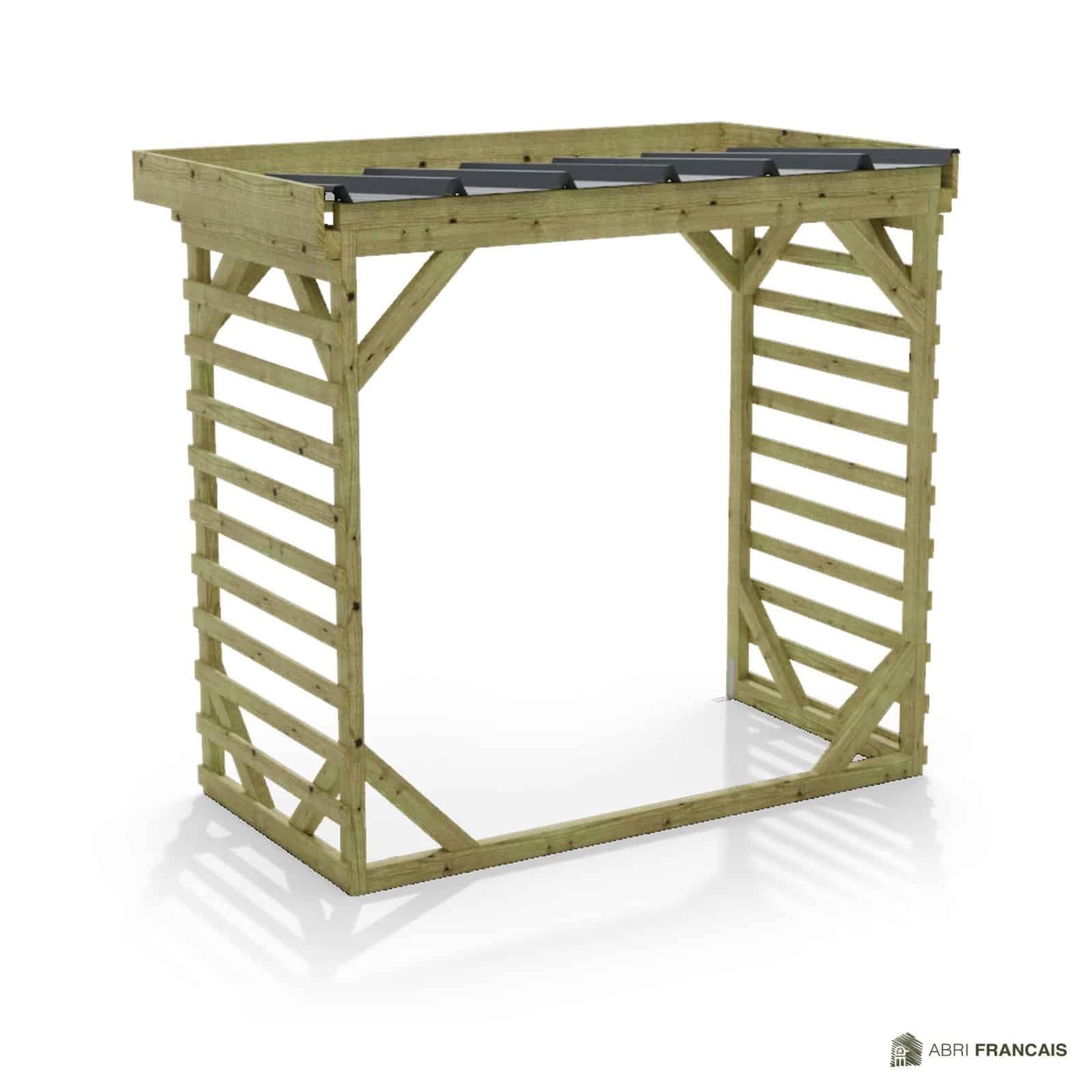 Abri à bûches 2 m × 1,30 m, adossé – vue arrière, fond et côtés