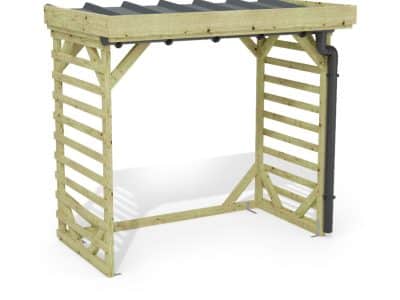 Abri à bûches 2 m × 1,30 m, adossé, avec gouttière – rendu 3D sur fond blanc
