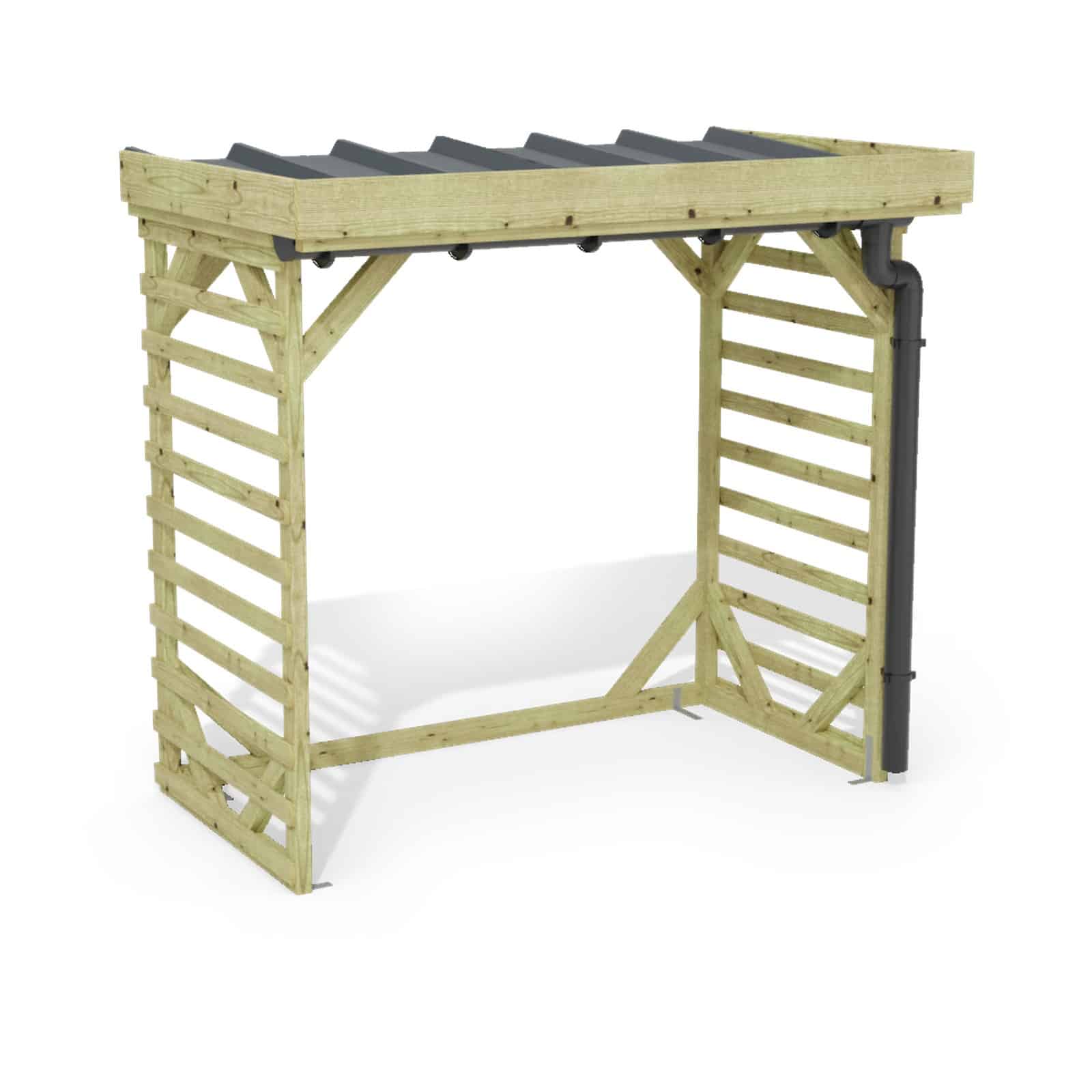 Abri à bûches 2 m × 1,30 m, adossé, avec gouttière – rendu 3D sur fond blanc