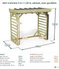 Abri à bûches 2 m × 1,30 m, adossé, avec gouttière – cotes extérieures et intérieures