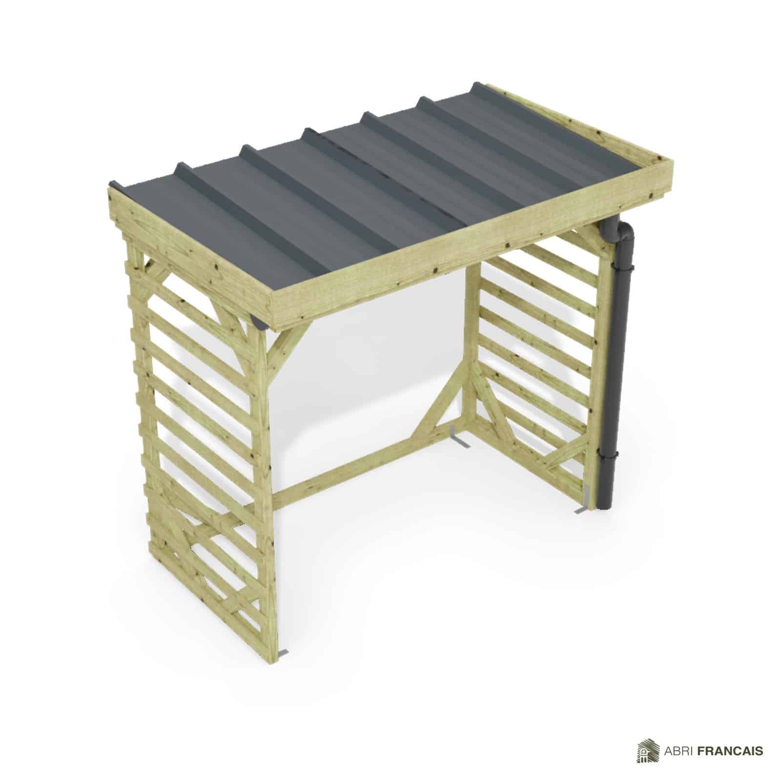 Abri à bûches 2 m × 1,30 m, adossé, avec gouttière – vue du toit en bac acier