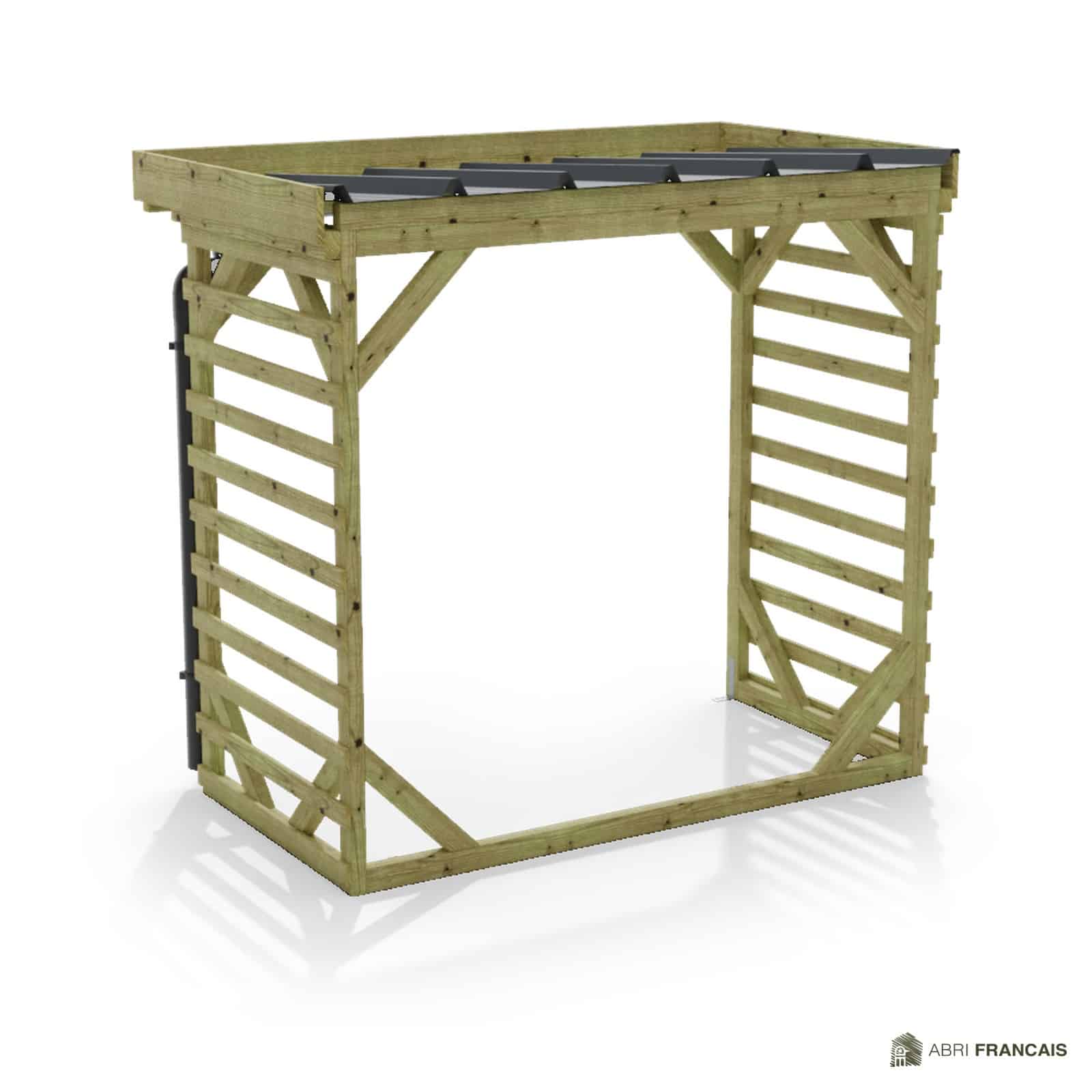 Abri à bûches 2 m × 1,30 m, adossé, avec gouttière – vue arrière, fond et côtés