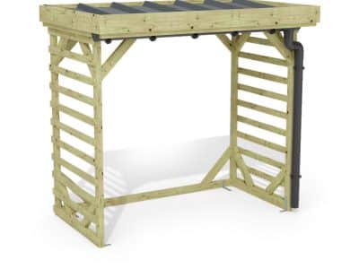 Abri à bûches 2 m × 1,30 m, avec gouttière – rendu 3D sur fond blanc