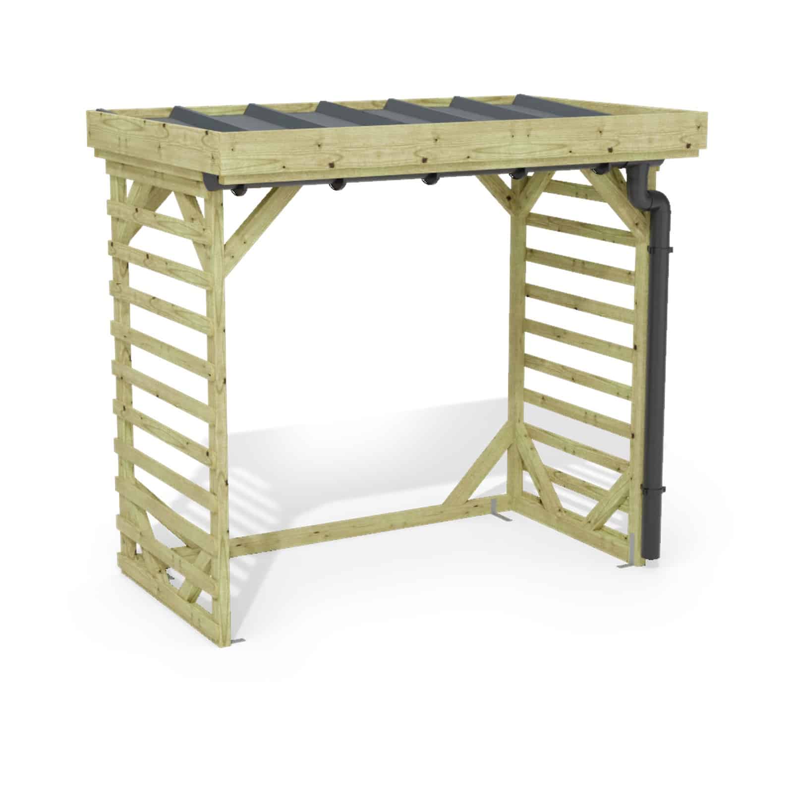 Abri à bûches 2 m × 1,30 m, avec gouttière – rendu 3D sur fond blanc
