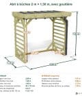 Abri à bûches 2 m × 1,30 m, avec gouttière – cotes extérieures et intérieures
