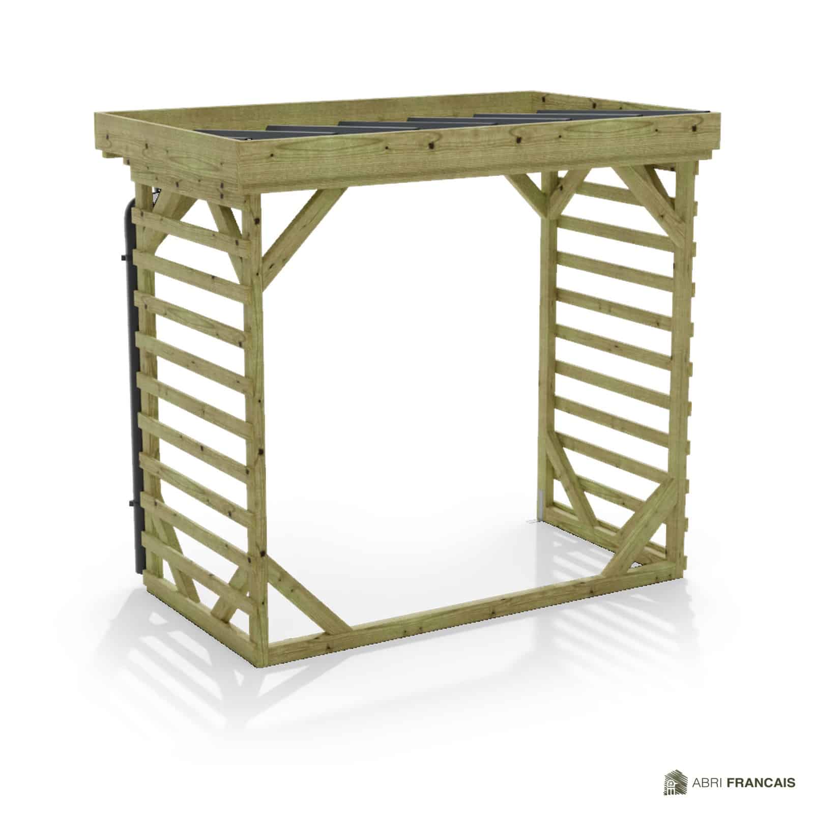 Abri à bûches 2 m × 1,30 m, avec gouttière – vue arrière, fond et côtés