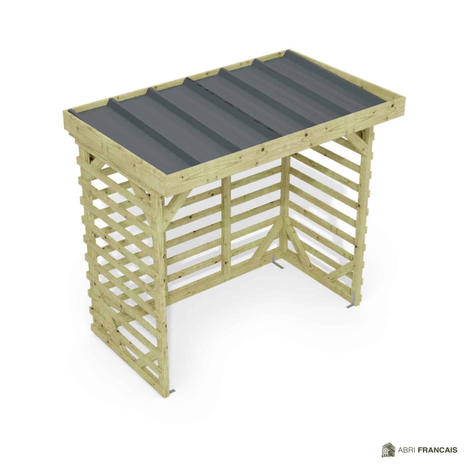 Abri à bûches 2 m × 1,30 m – vue du toit en bac acier