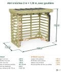 Abri à bûches 2 m × 1,30 m, avec gouttière – cotes extérieures et intérieures