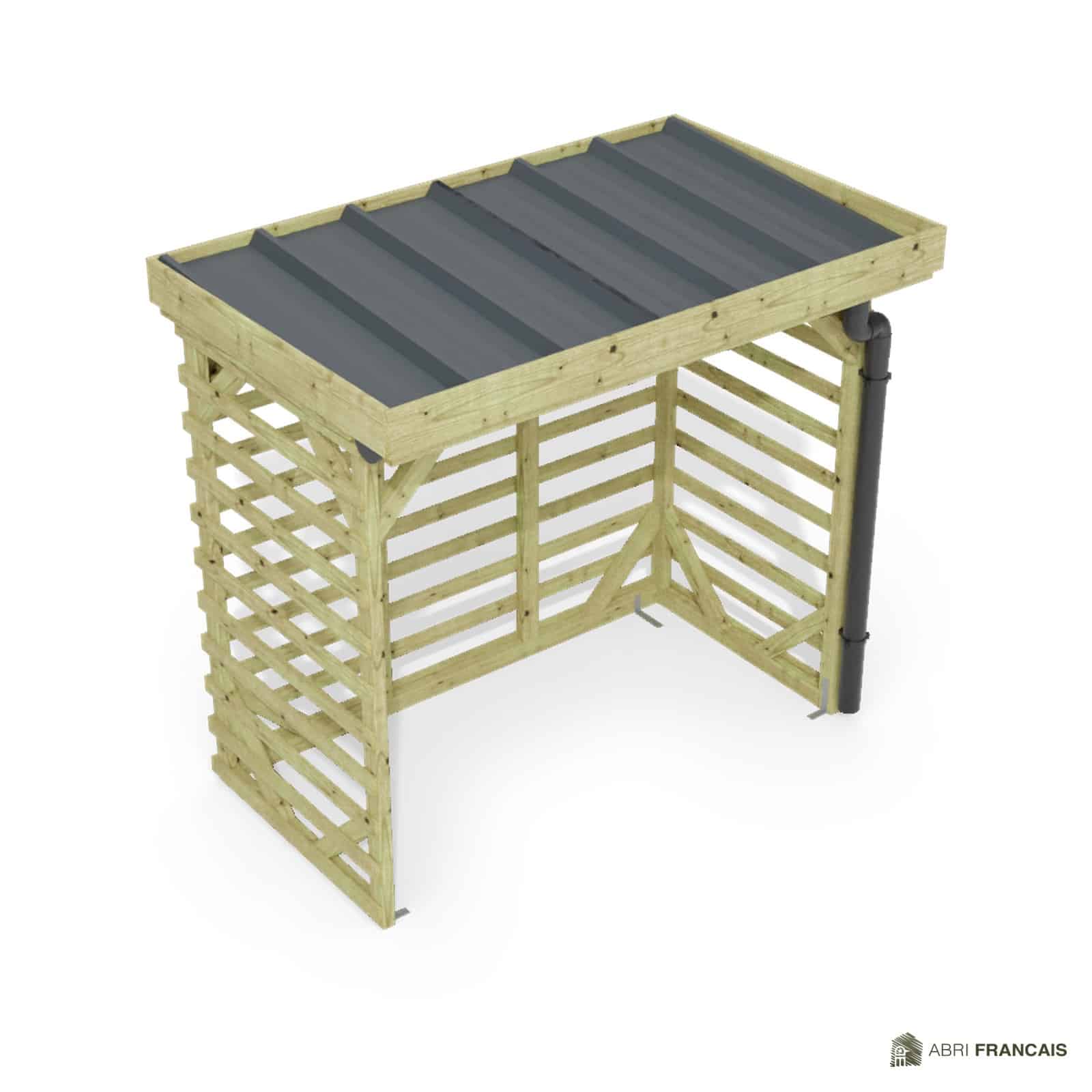 Abri à bûches 2 m × 1,30 m, avec gouttière – vue du toit en bac acier