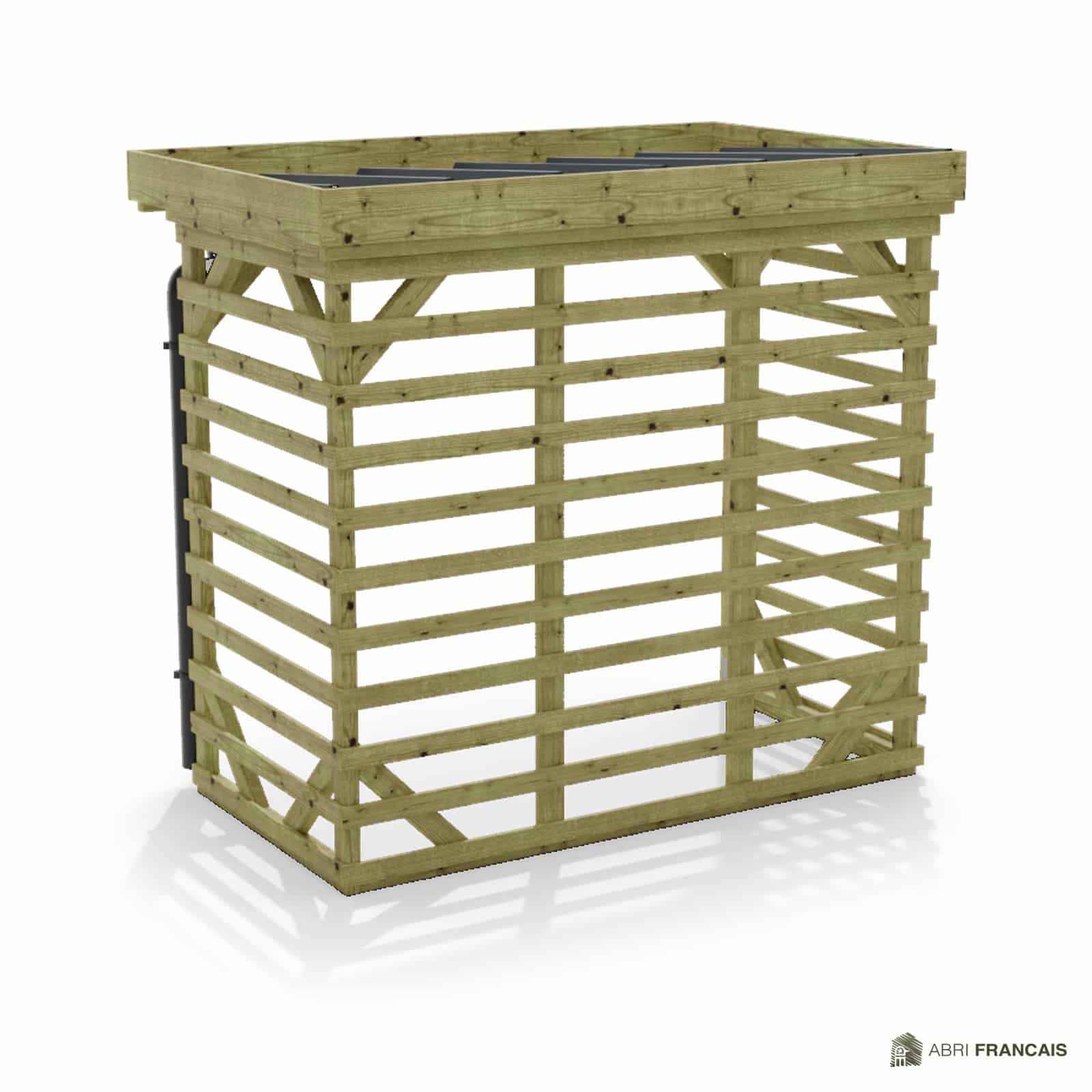 Abri à bûches 2 m × 1,30 m, avec gouttière – vue arrière, fond et côtés