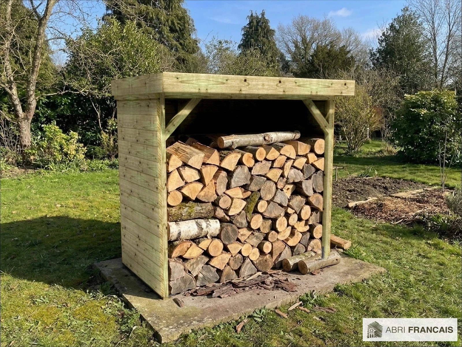 Abri à bûches 2 m × 1,30 m – mise en situation