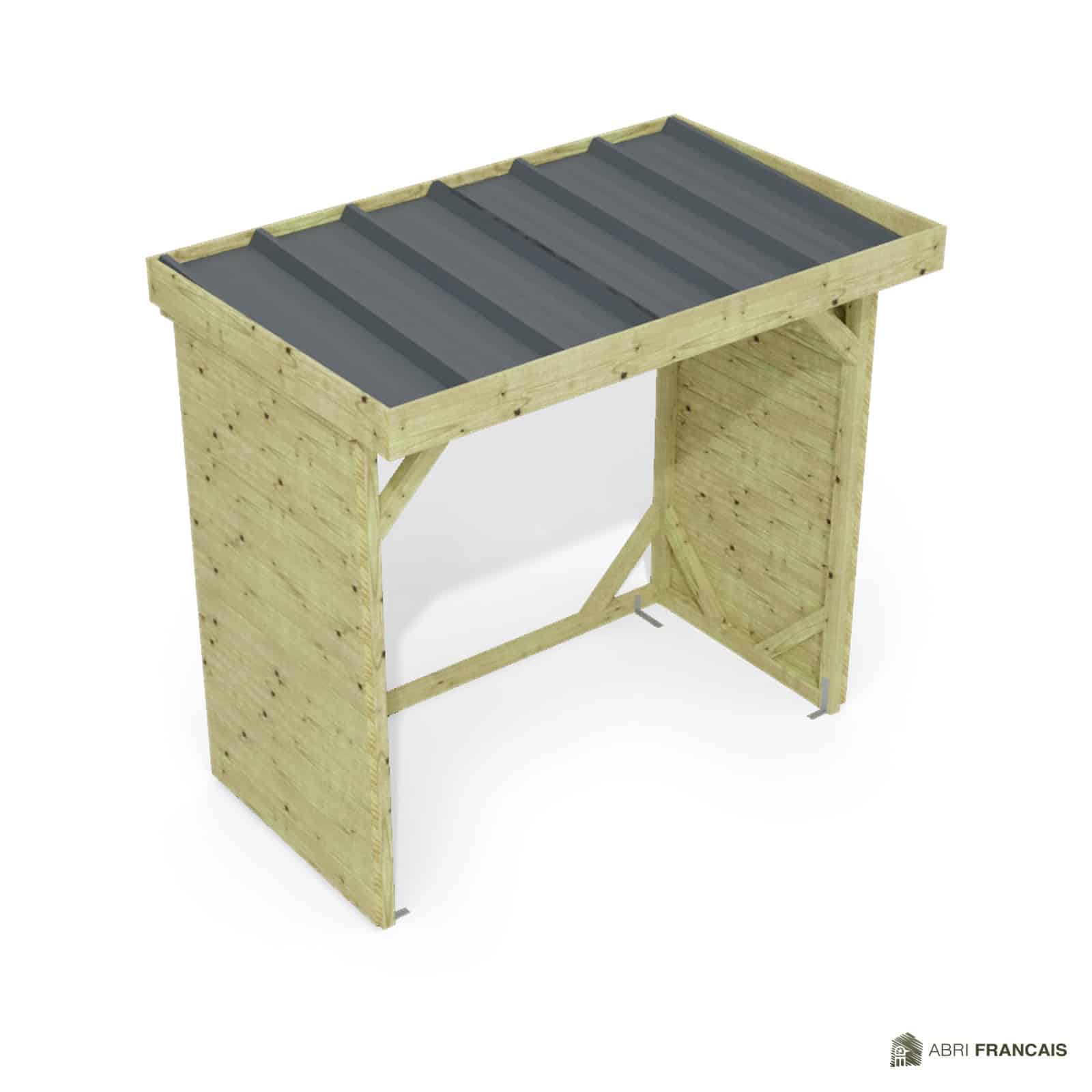 Abri à bûches 2 m × 1,30 m – vue du toit en bac acier