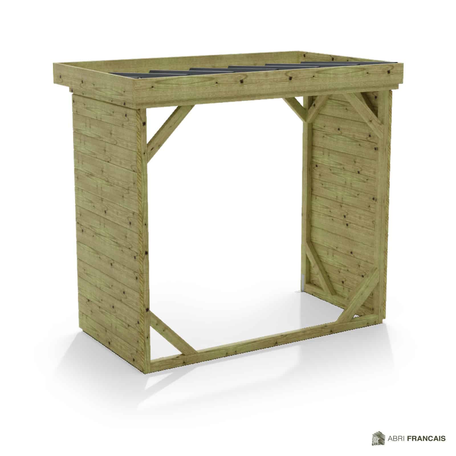 Abri à bûches 2 m × 1,30 m – vue arrière, fond et côtés