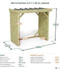 Abri à bûches 2 m × 1,30 m, adossé – cotes extérieures et intérieures