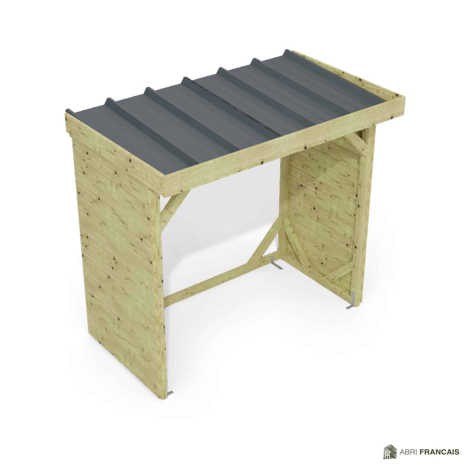 Abri à bûches 2 m × 1,30 m, adossé – vue du toit en bac acier