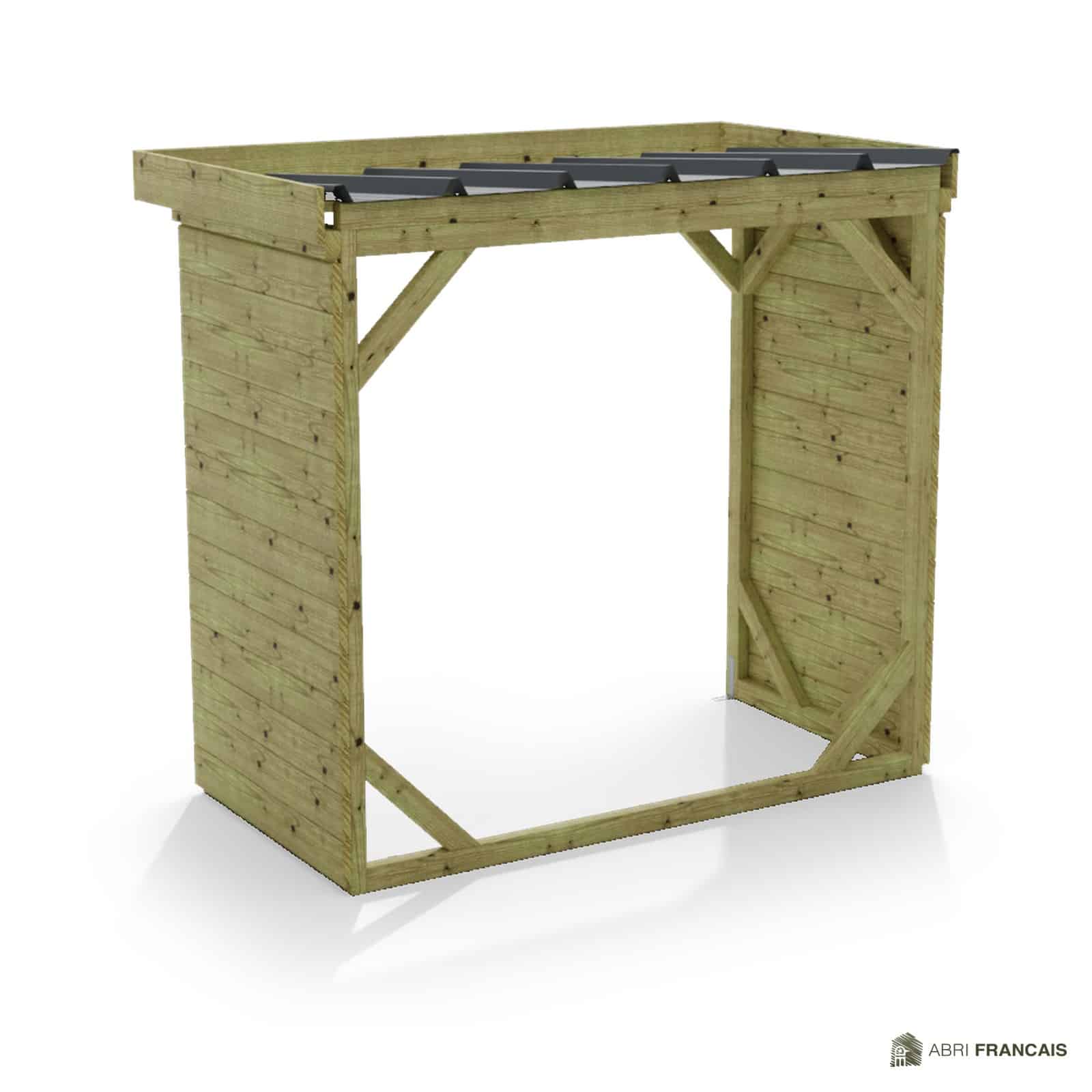 Abri à bûches 2 m × 1,30 m, adossé – vue arrière, fond et côtés
