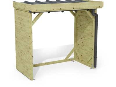 Abri à bûches 2 m × 1,30 m, adossé, avec gouttière – rendu 3D sur fond blanc