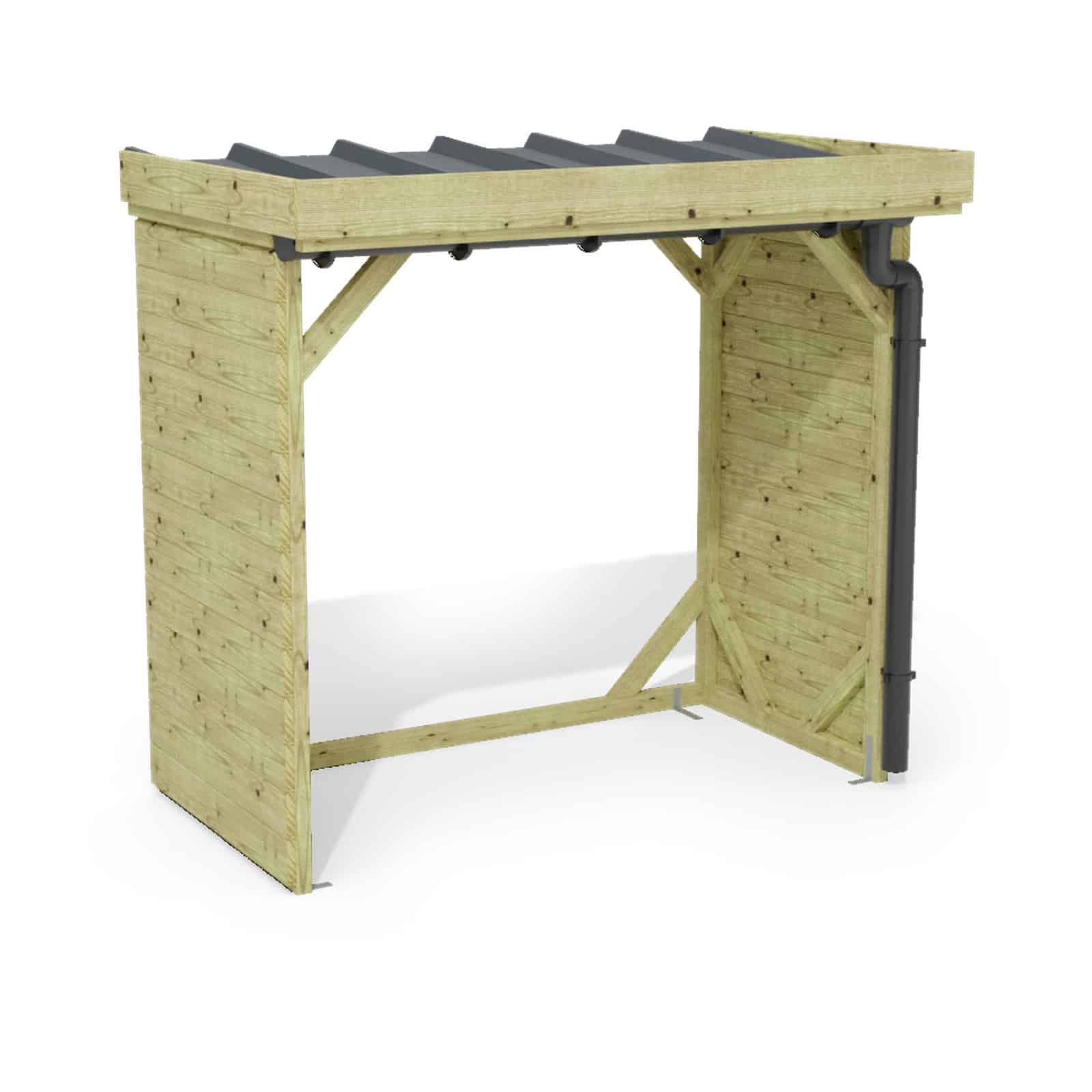 Abri à bûches 2 m × 1,30 m, adossé, avec gouttière – rendu 3D sur fond blanc