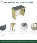 Abri à bûches 2 m × 1,30 m, adossé, avec gouttière – points forts