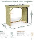 Abri à bûches 2 m × 1,30 m, adossé, avec gouttière – cotes extérieures et intérieures