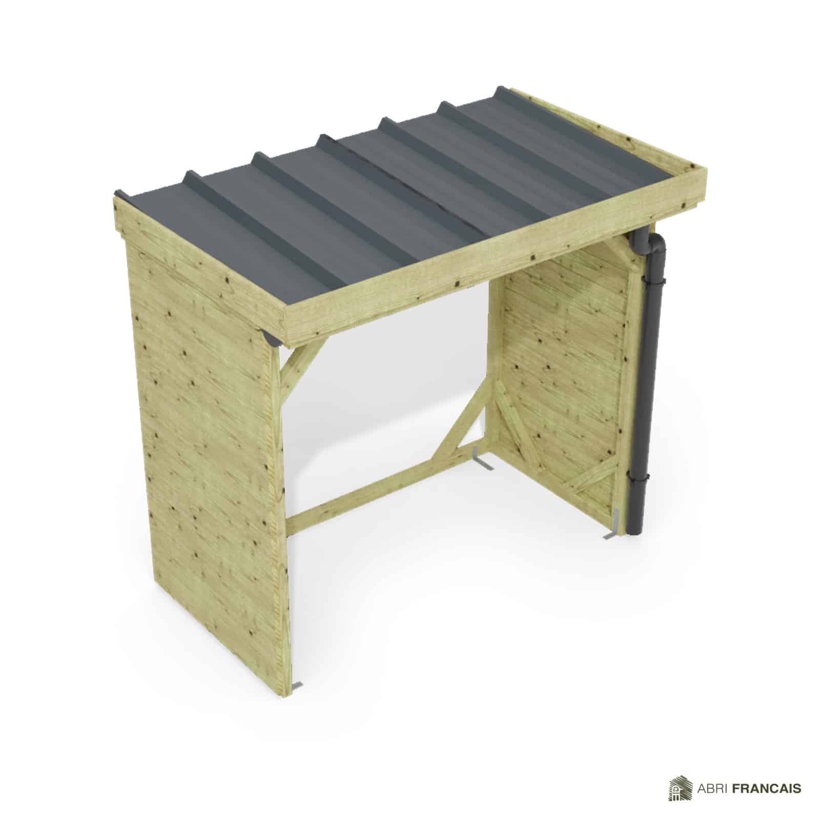Abri à bûches 2 m × 1,30 m, adossé, avec gouttière – vue du toit en bac acier