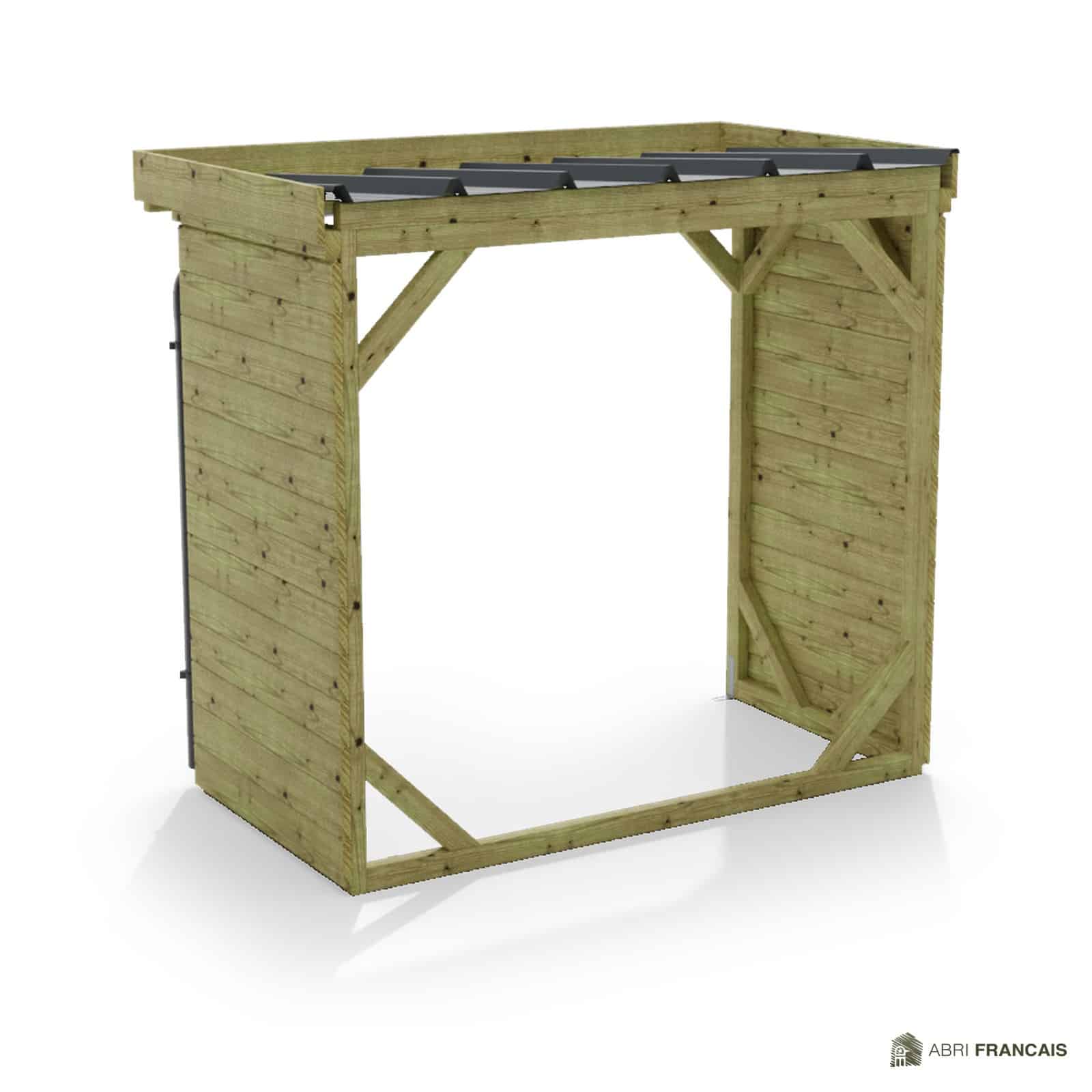 Abri à bûches 2 m × 1,30 m, adossé, avec gouttière – vue arrière, fond et côtés