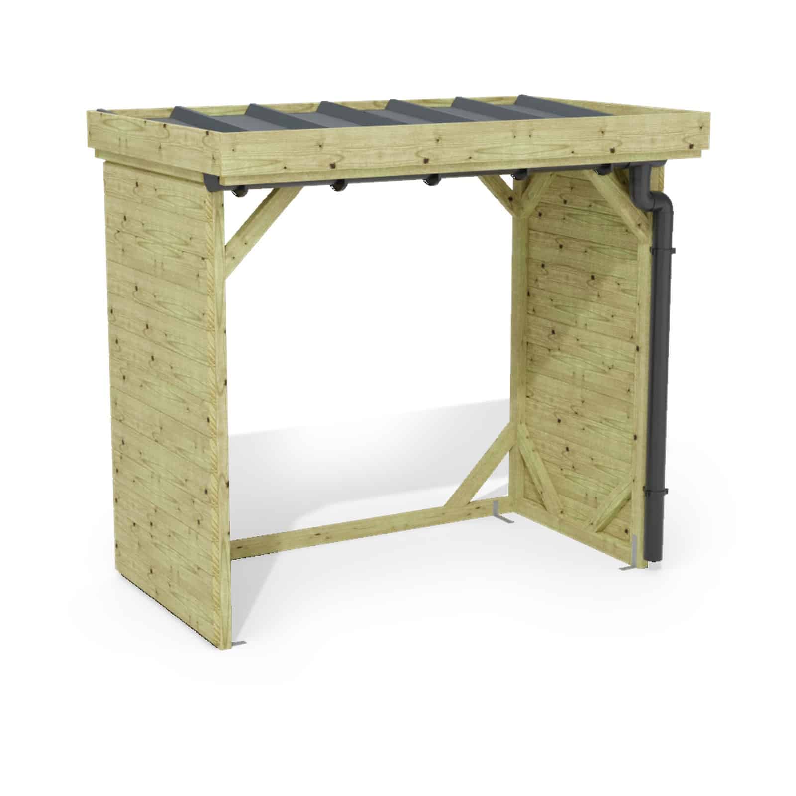 Abri à bûches 2 m × 1,30 m, avec gouttière – rendu 3D sur fond blanc