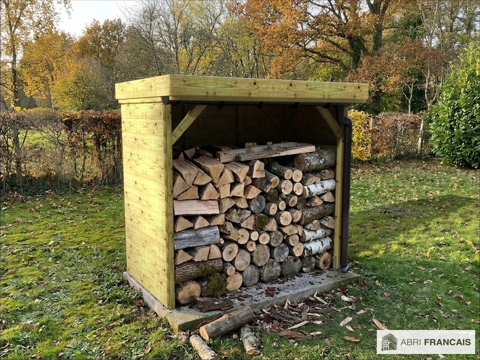 Abri à bûches 2 m × 1,30 m, avec gouttière – mise en situation
