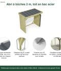 Abri à bûches 2 m × 1,30 m, avec gouttière – points forts
