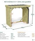 Abri à bûches 2 m × 1,30 m, avec gouttière – cotes extérieures et intérieures