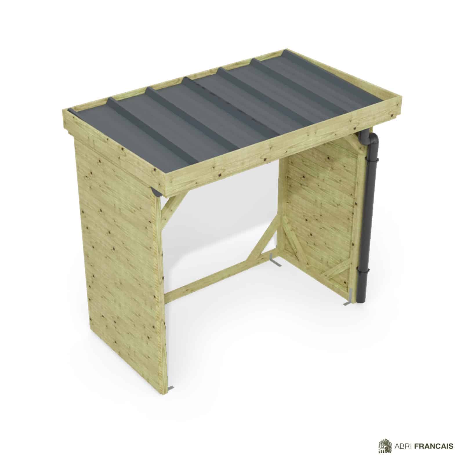 Abri à bûches 2 m × 1,30 m, avec gouttière – vue du toit en bac acier