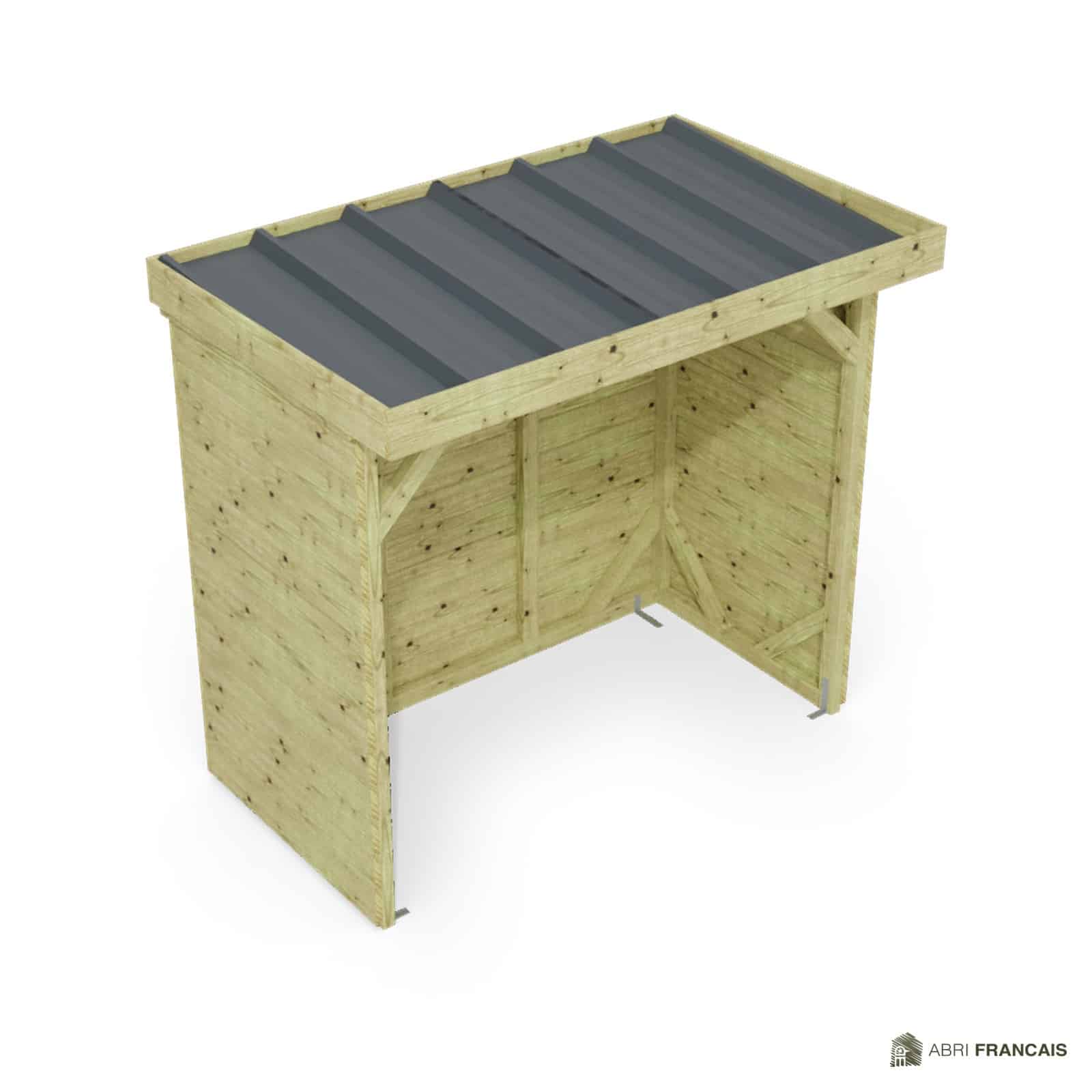 Abri à bûches 2 m × 1,30 m – vue du toit en bac acier