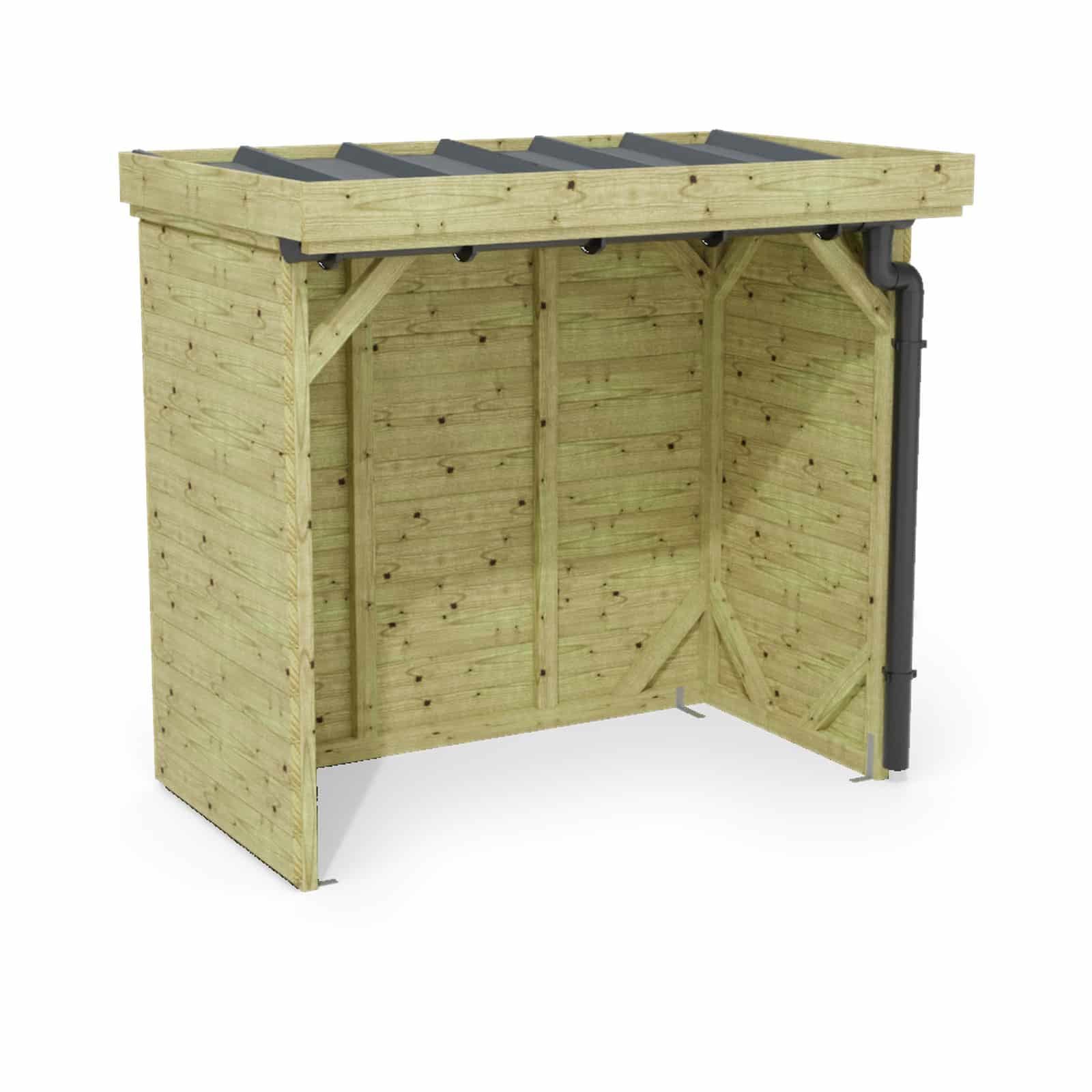 Abri à bûches 2 m × 1,30 m, avec gouttière – rendu 3D sur fond blanc