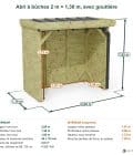 Abri à bûches 2 m × 1,30 m, avec gouttière – cotes extérieures et intérieures