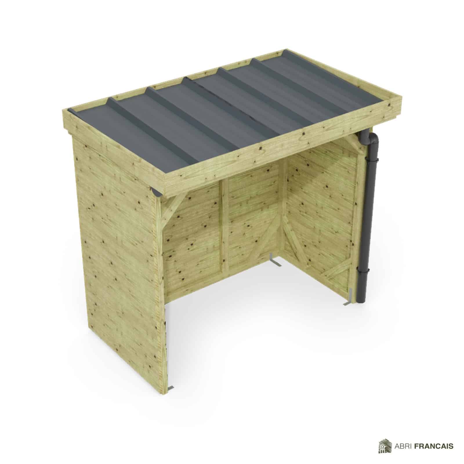 Abri à bûches 2 m × 1,30 m, avec gouttière – vue du toit en bac acier
