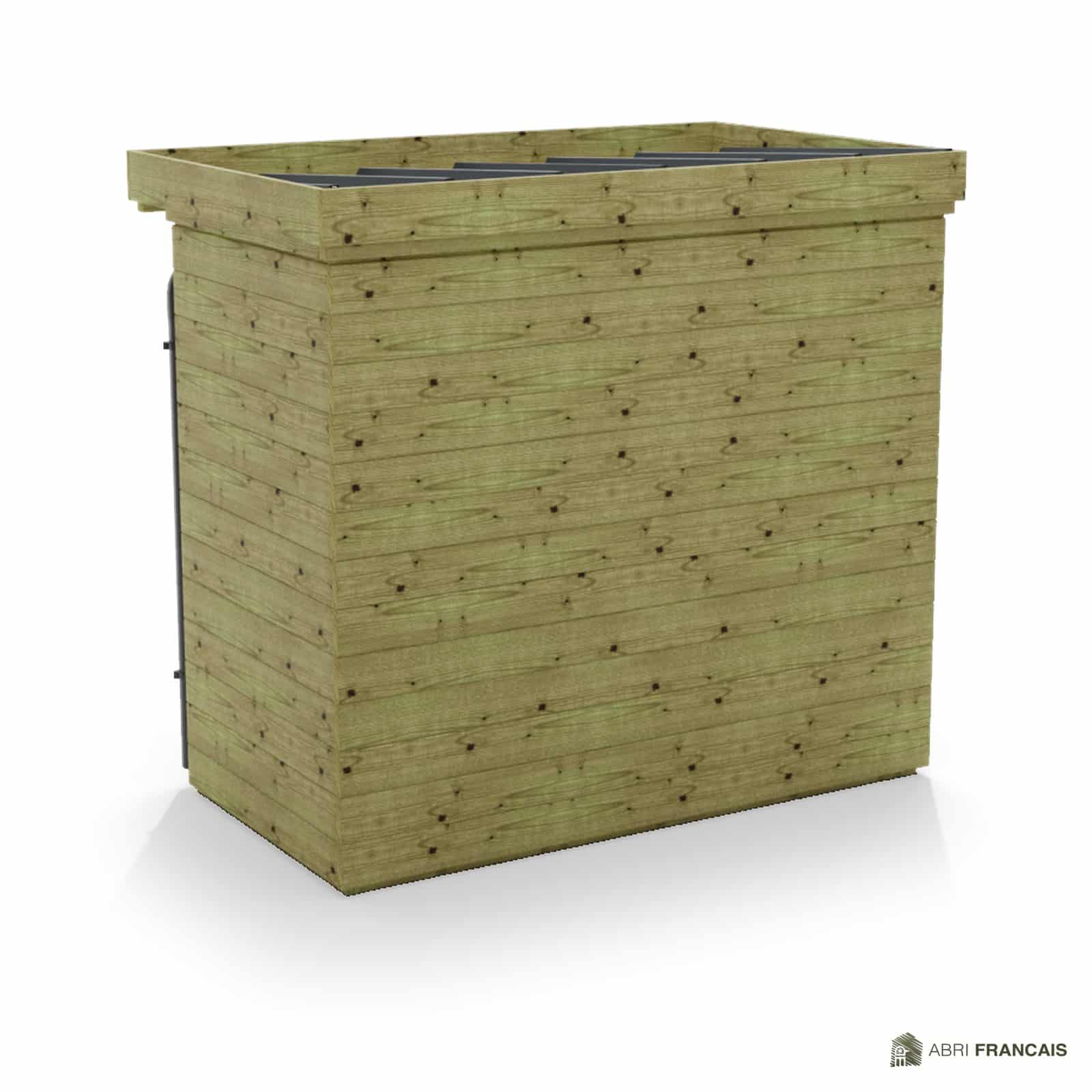 Abri à bûches 2 m × 1,30 m, avec gouttière – vue arrière, fond et côtés