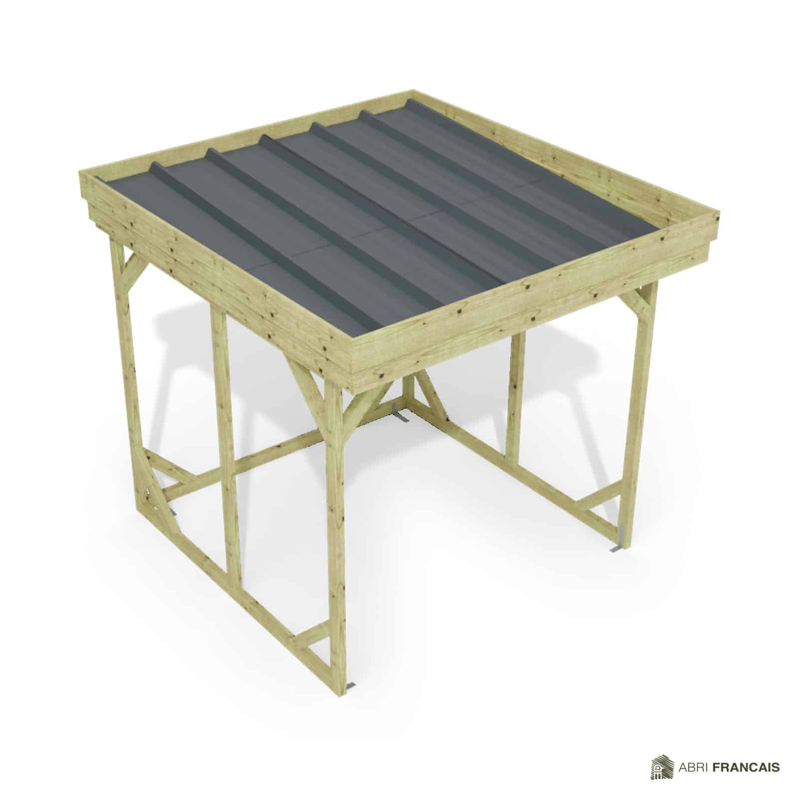Abri à bûches 2 m × 2,27 m – vue du toit en bac acier