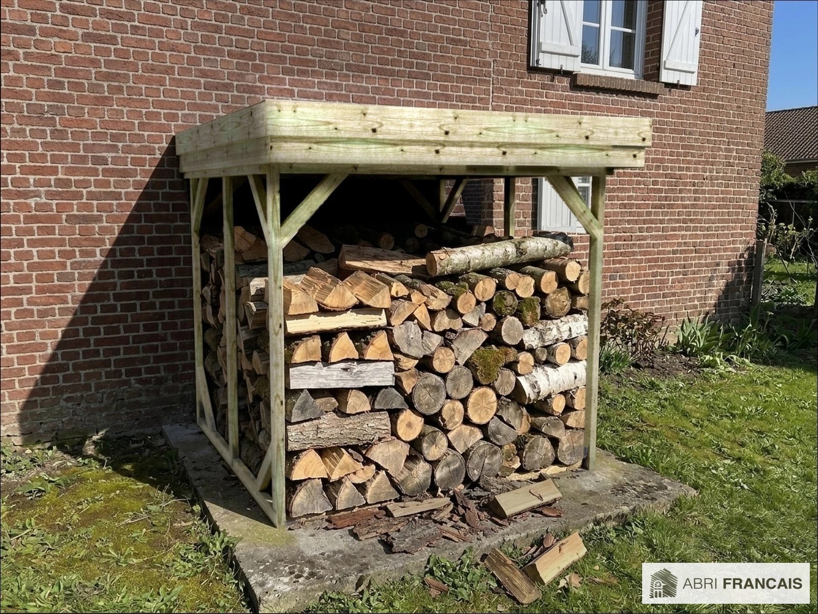 Abri à bûches 2 m × 2,27 m, adossé – mise en situation