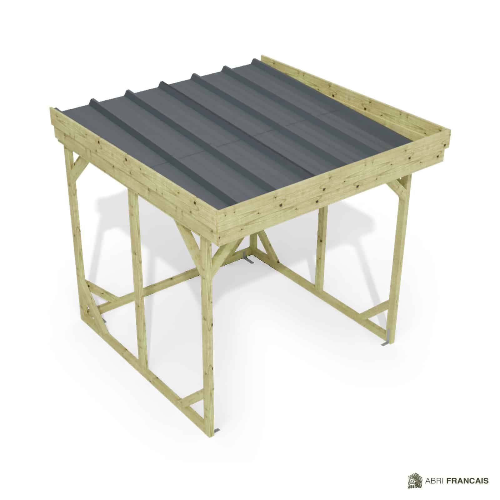 Abri à bûches 2 m × 2,27 m, adossé – vue du toit en bac acier