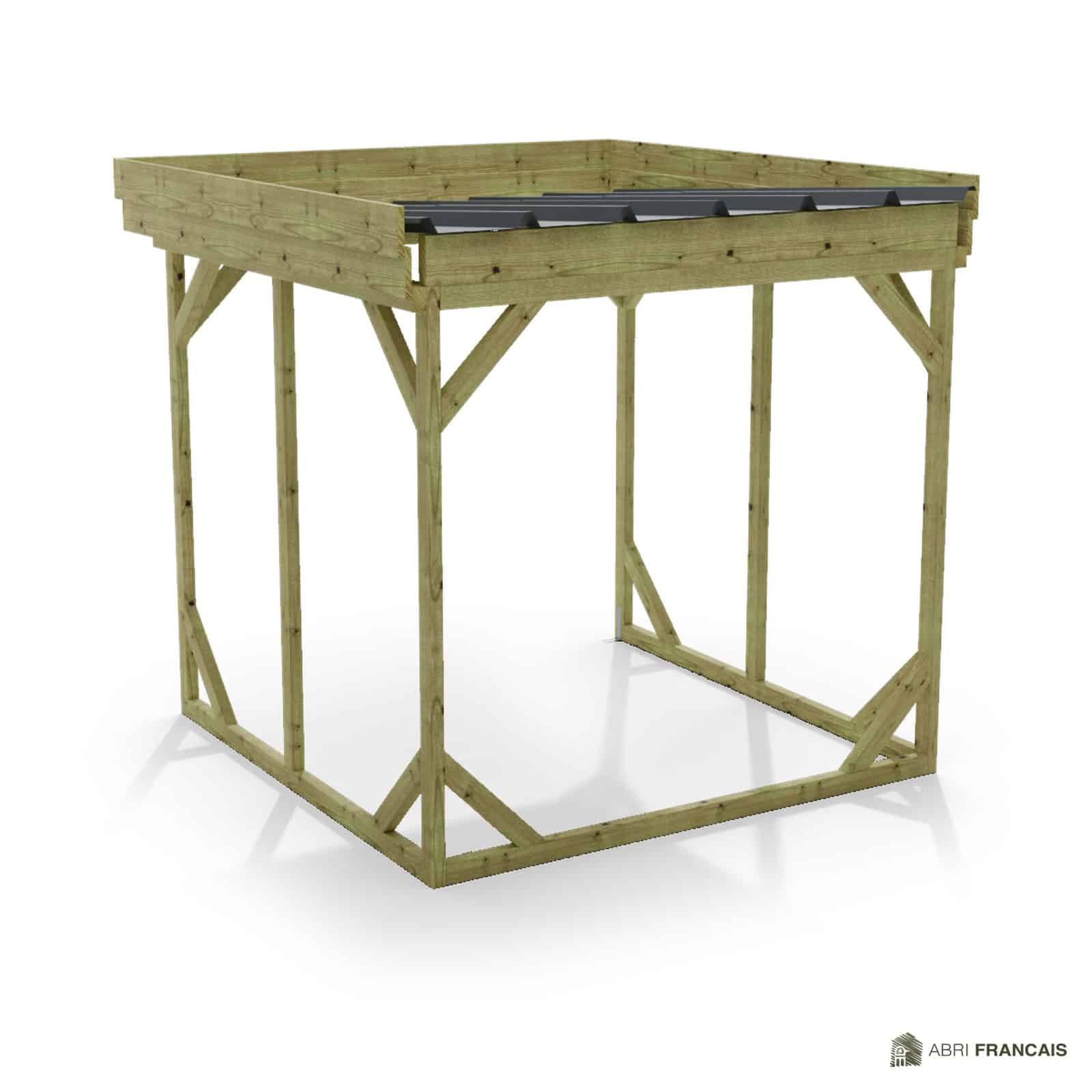 Abri à bûches 2 m × 2,27 m, adossé – vue arrière, fond et côtés