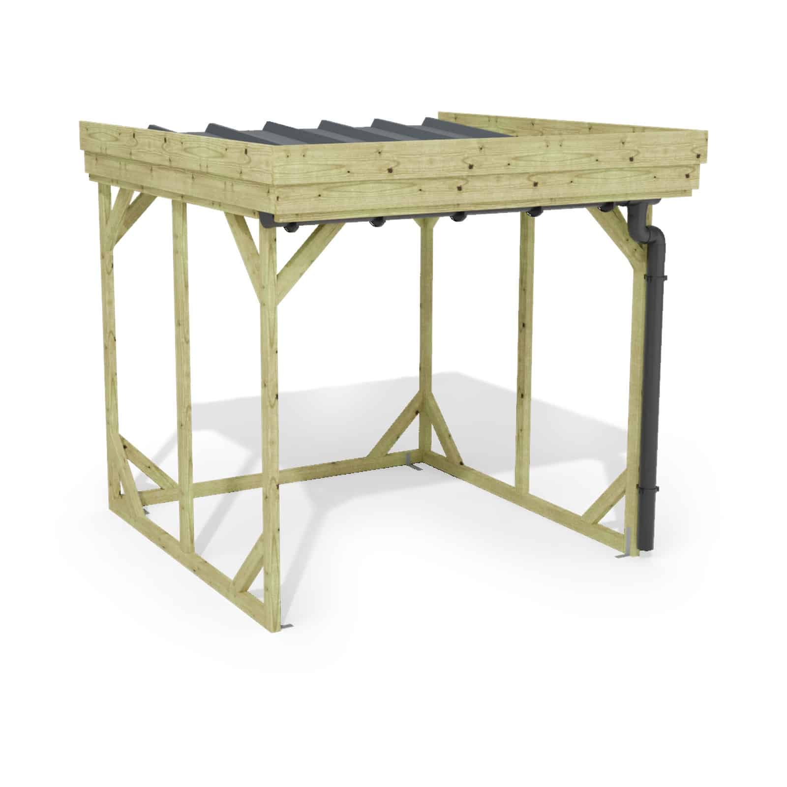 Abri à bûches 2 m × 2,27 m, adossé, avec gouttière – rendu 3D sur fond blanc