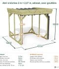 Abri à bûches 2 m × 2,27 m, adossé, avec gouttière – cotes extérieures et intérieures