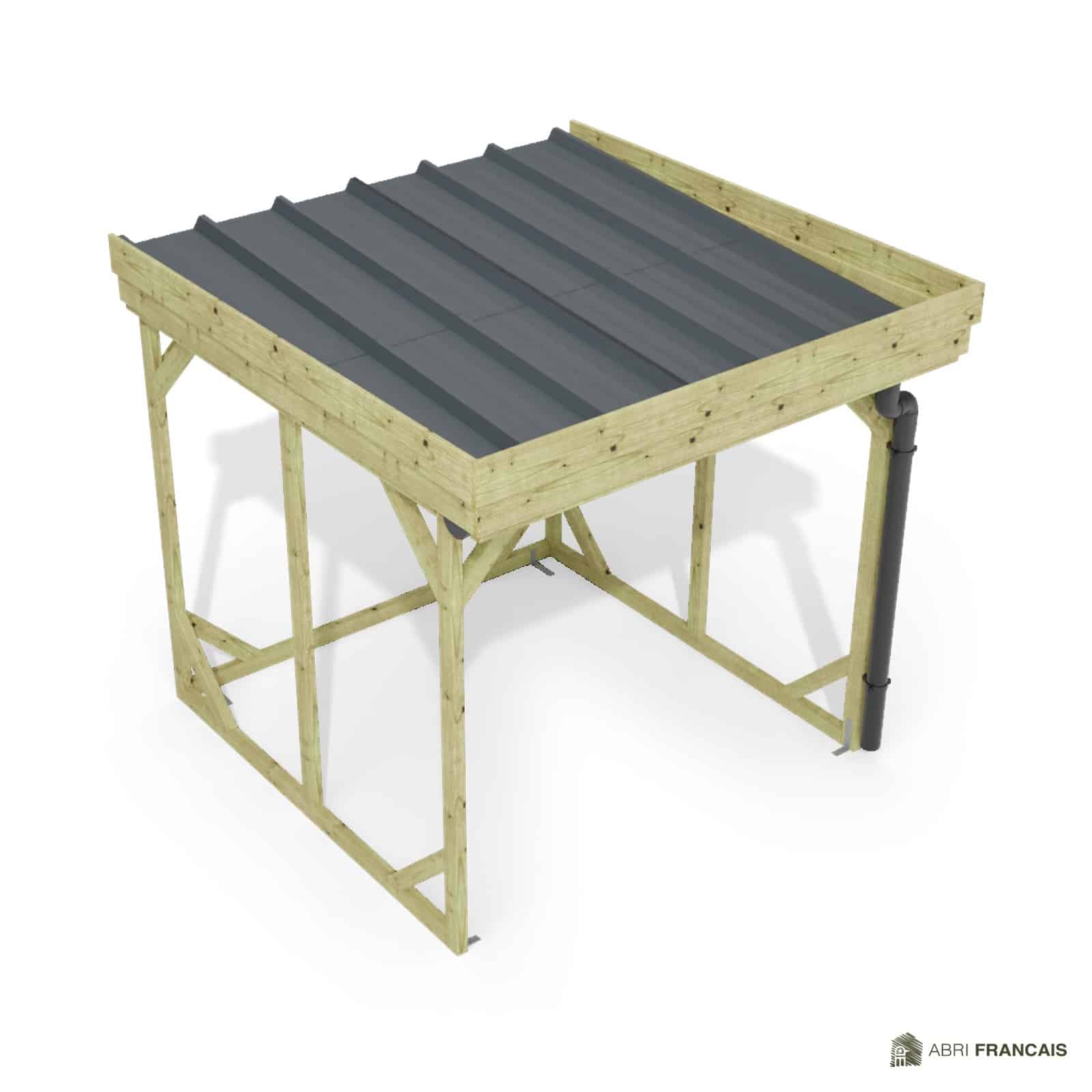 Abri à bûches 2 m × 2,27 m, adossé, avec gouttière – vue du toit en bac acier