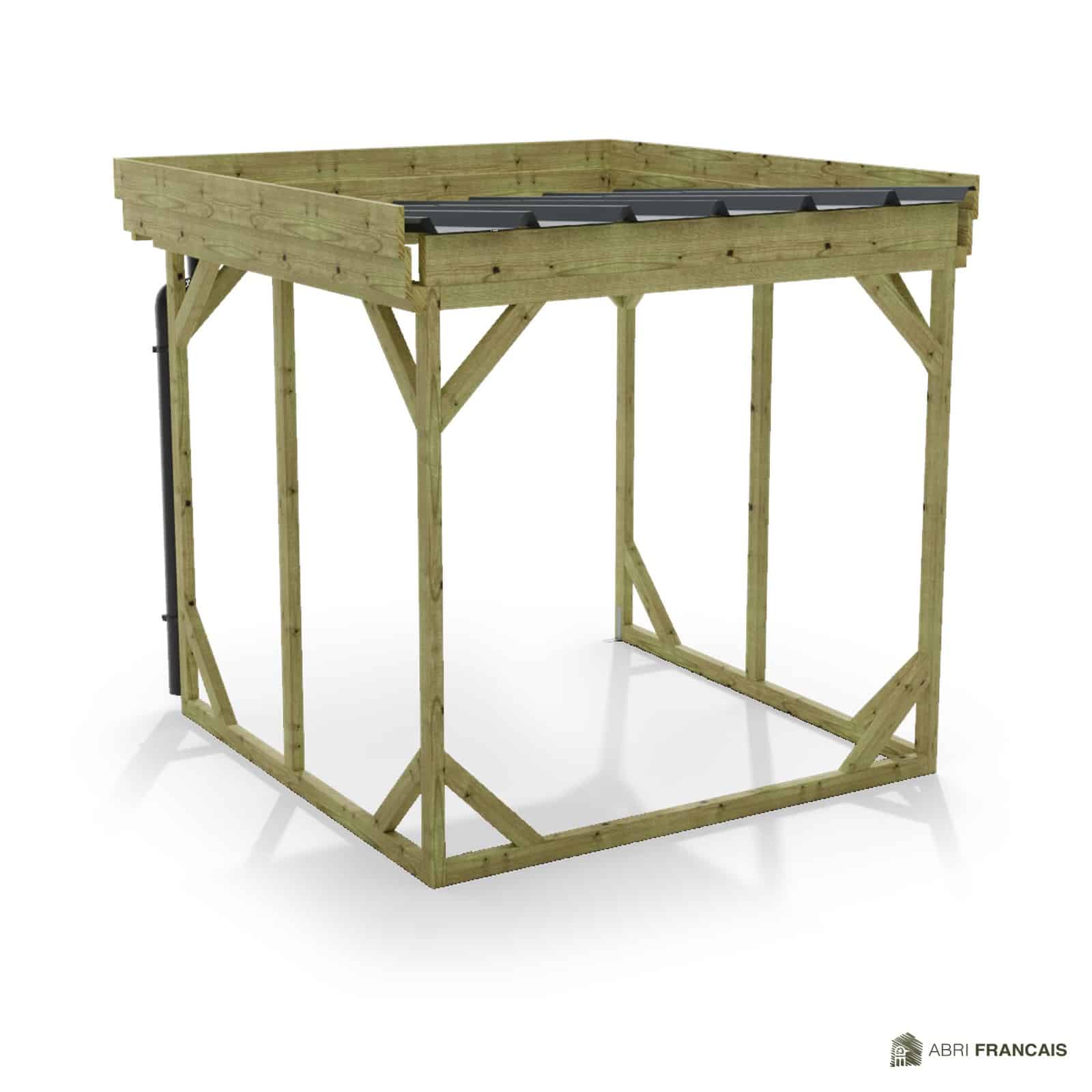 Abri à bûches 2 m × 2,27 m, adossé, avec gouttière – vue arrière, fond et côtés