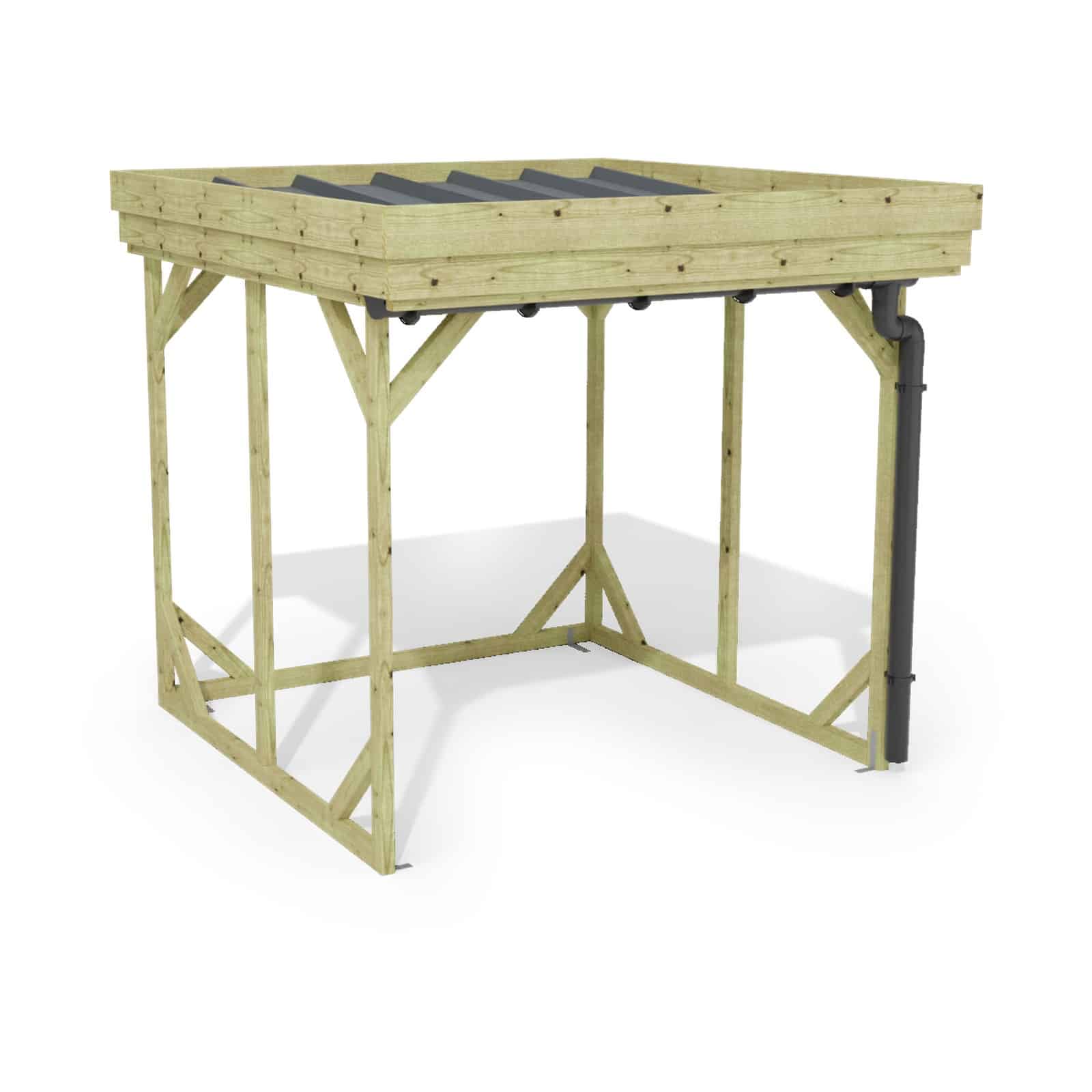 Abri à bûches 2 m × 2,27 m, avec gouttière – rendu 3D sur fond blanc