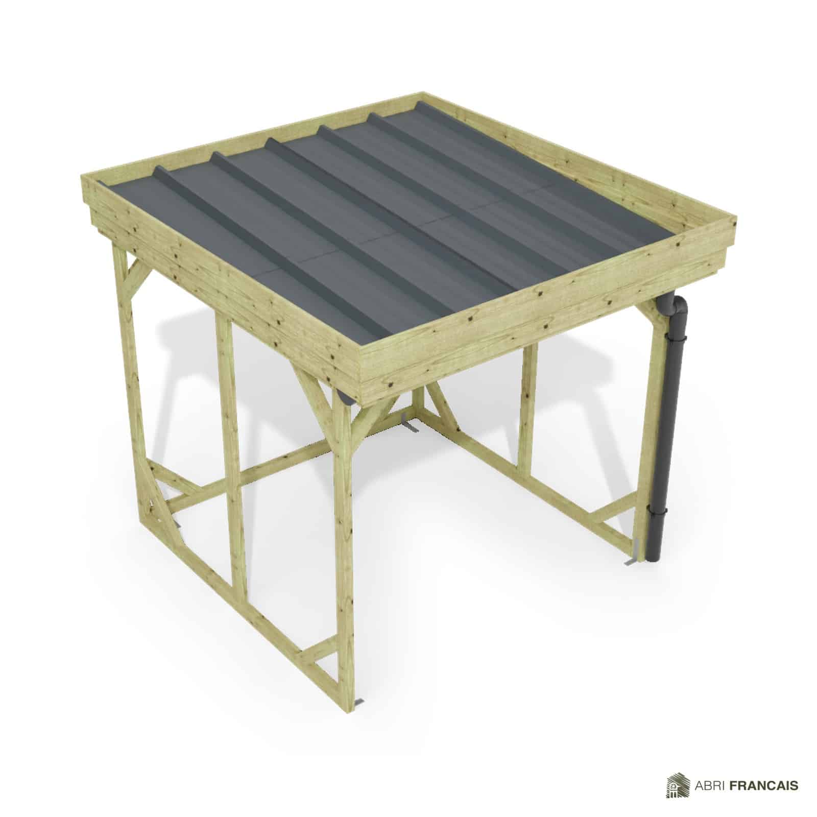 Abri à bûches 2 m × 2,27 m, avec gouttière – vue du toit en bac acier
