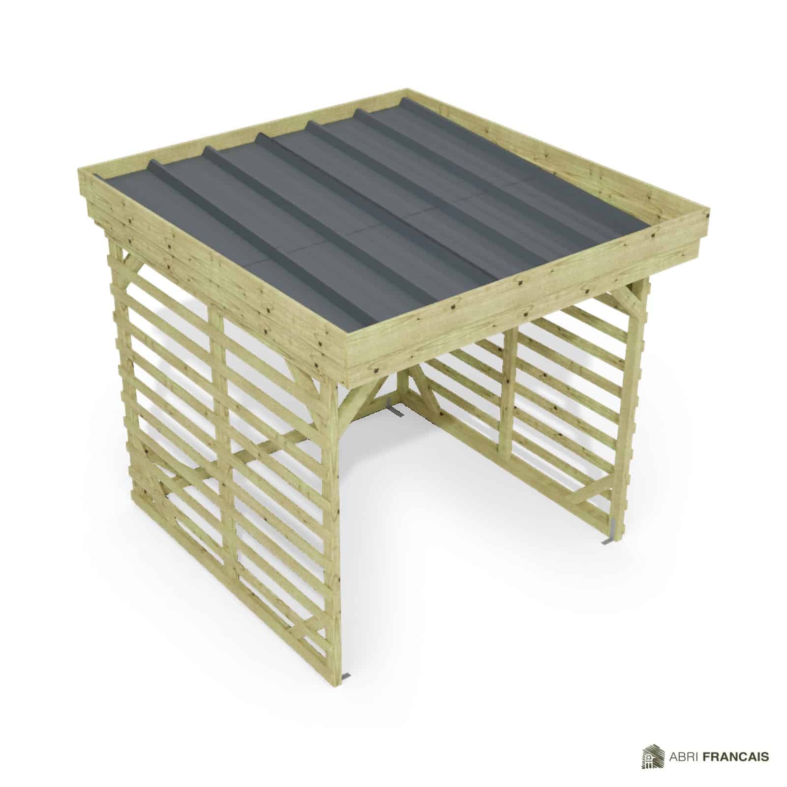 Abri à bûches 2 m × 2,27 m – vue du toit en bac acier
