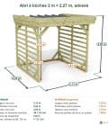 Abri à bûches 2 m × 2,27 m, adossé – cotes extérieures et intérieures