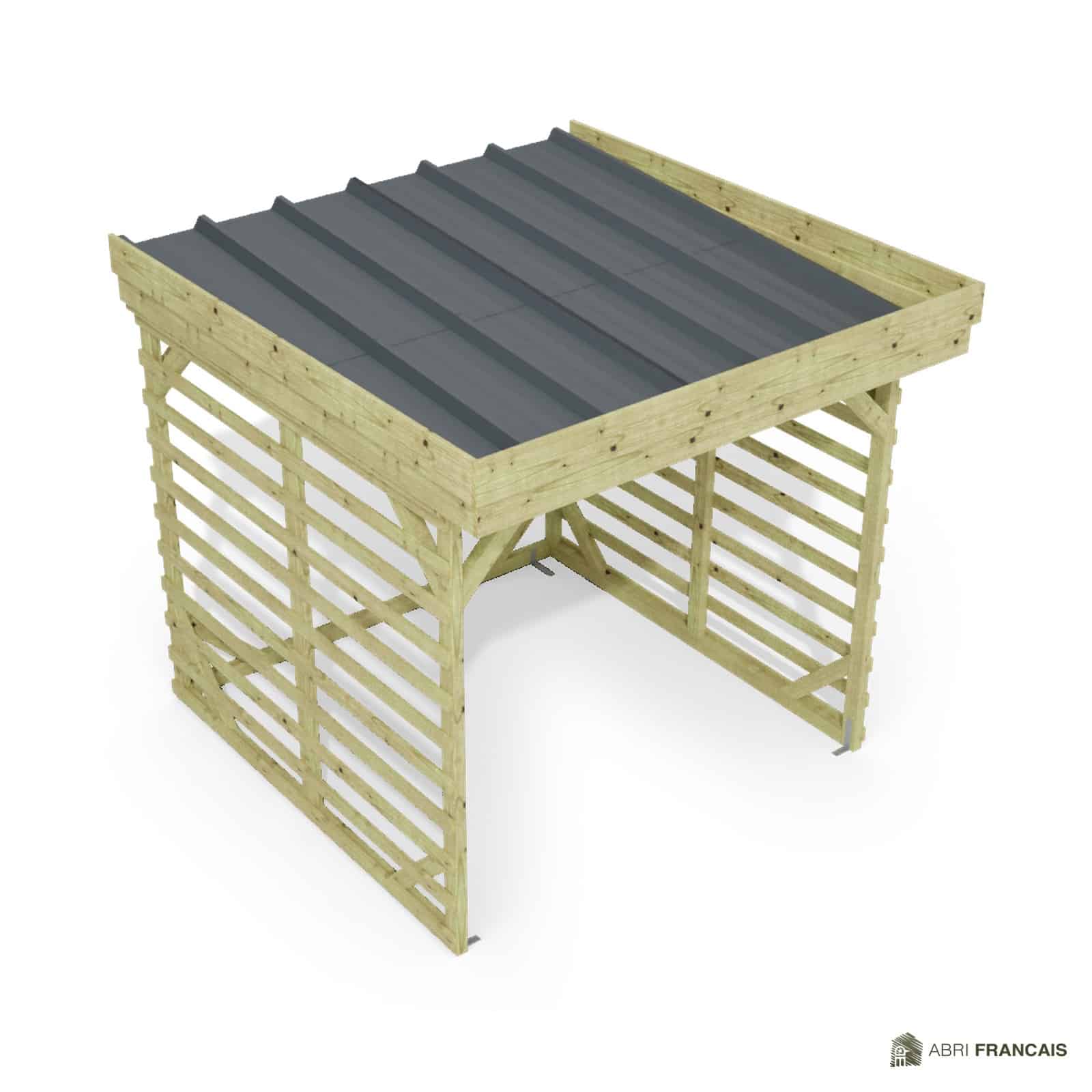 Abri à bûches 2 m × 2,27 m, adossé – vue du toit en bac acier