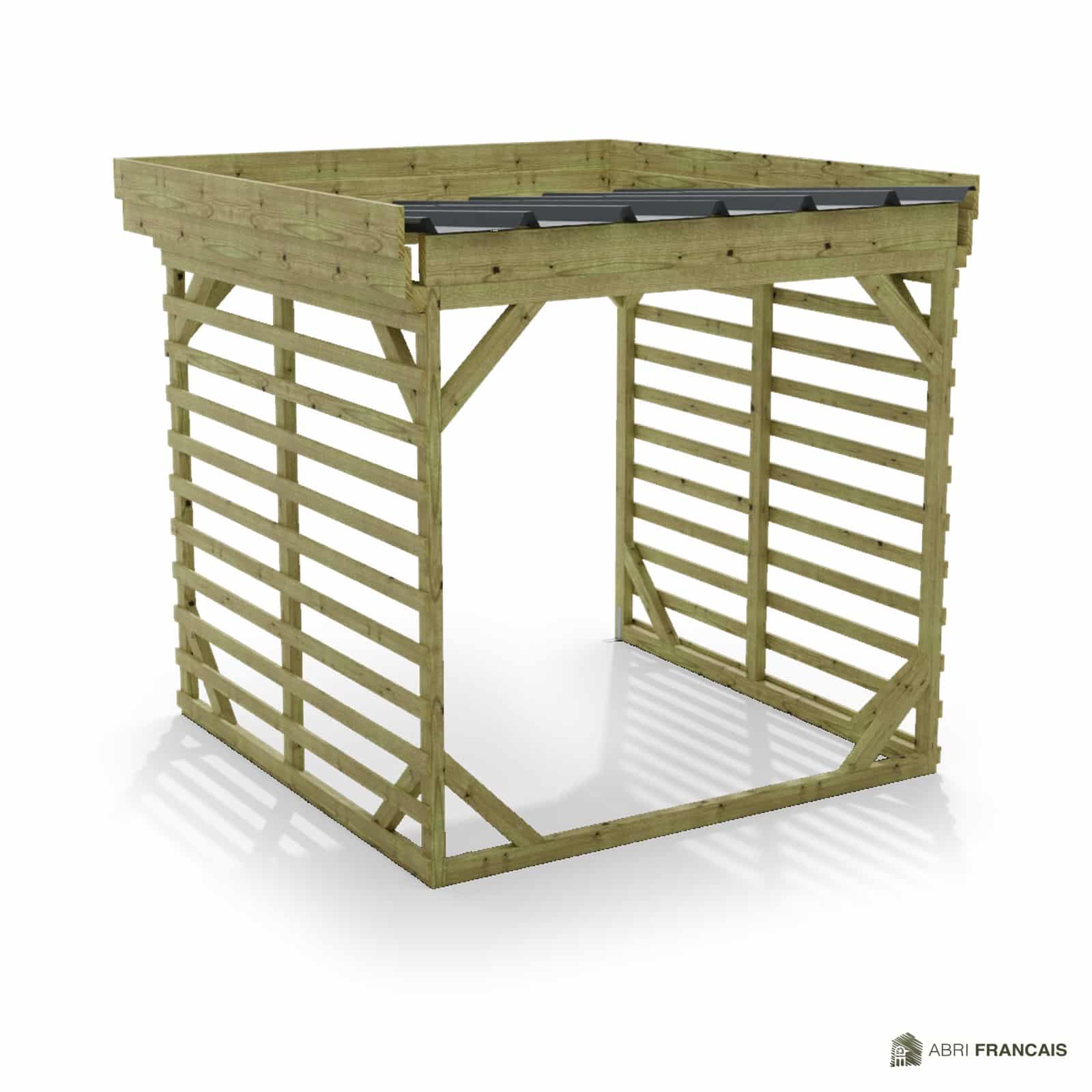 Abri à bûches 2 m × 2,27 m, adossé – vue arrière, fond et côtés